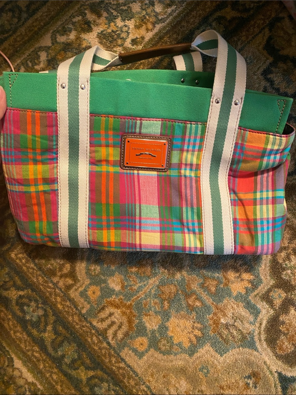 Tommy Hilfiger Green and Multi-Color Plaid Canvas Tote